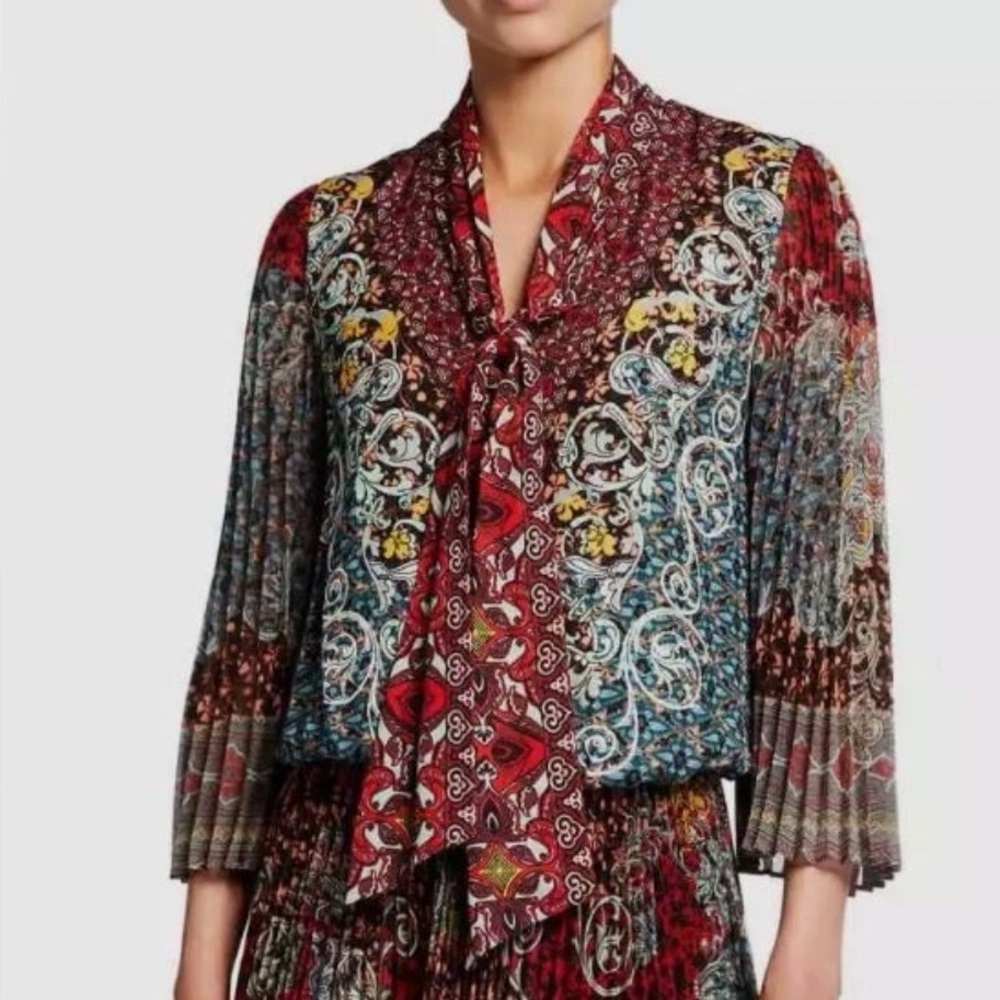 Alice + Olivia Elaina tie neck paisley pleated blouse top shirt 8